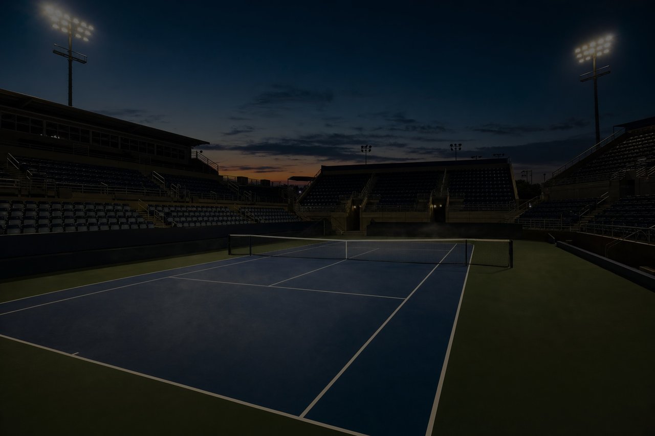 Leerer blauer Hartplatz im offenen Stadion der Australian Open in der Abenddämmerung