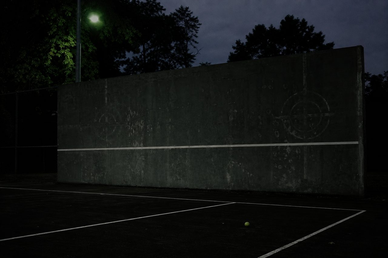Verwitterte Ballwand auf einem kleinen städtischen Tennisplatz in der Dämmerung