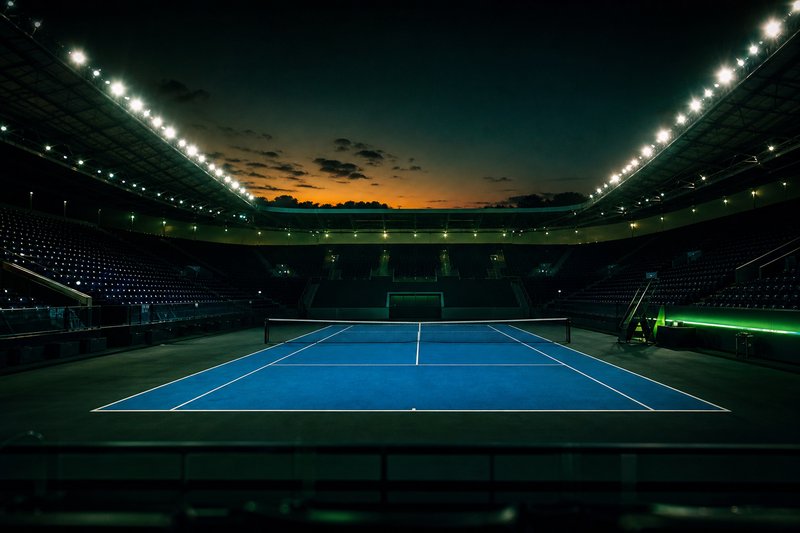 Leeres blaues Hartplatz-Stadion in der Abenddämmerung